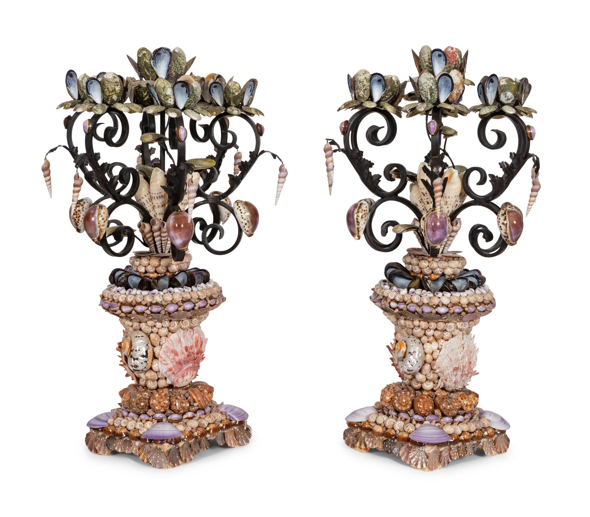 A Pair of Large Grotto Style Wrought Iron Shell Encrusted Seven-Light Candelabras