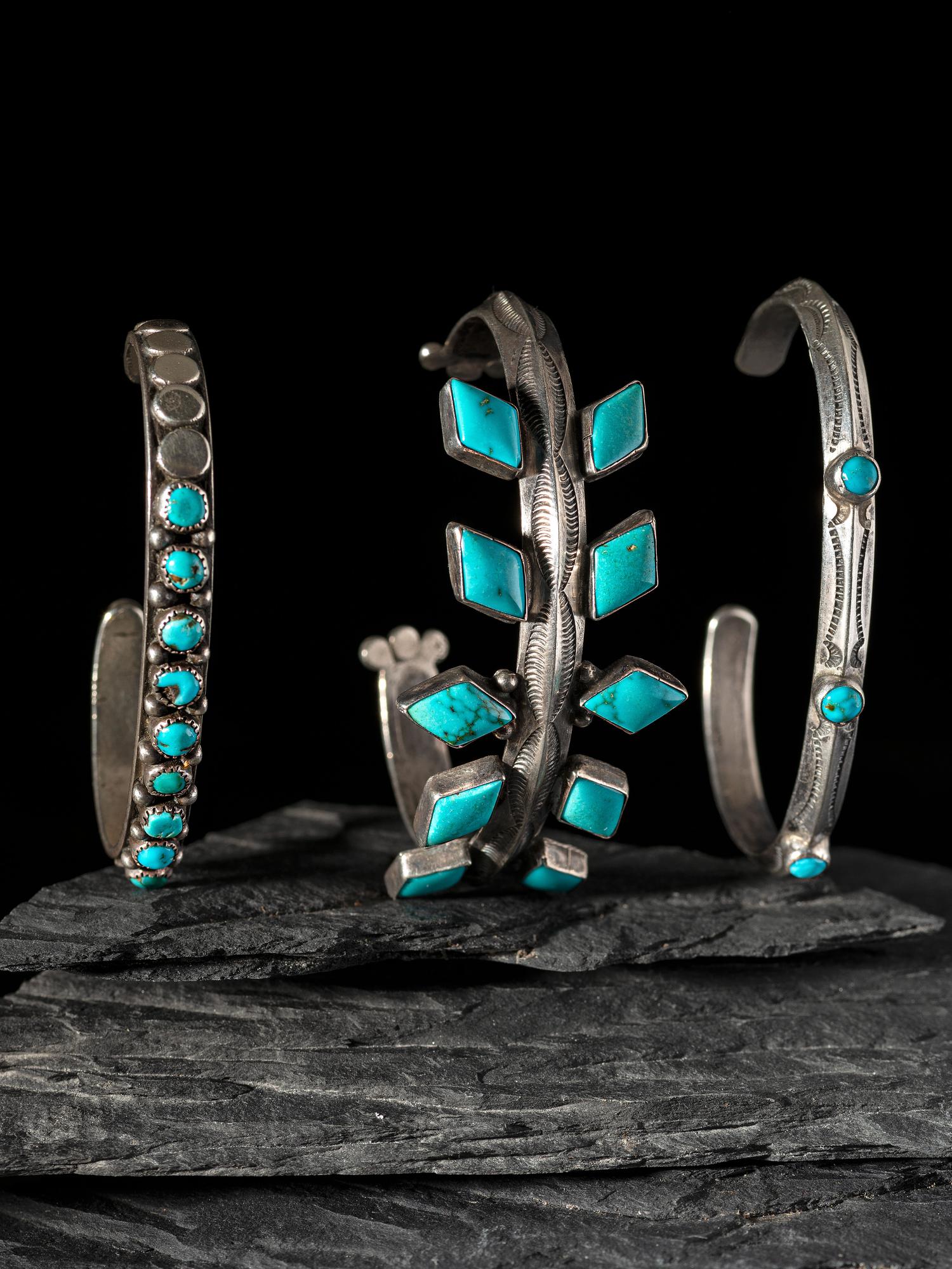 Navajo or Zuni Silver and Turquoise Cuff Bracelets