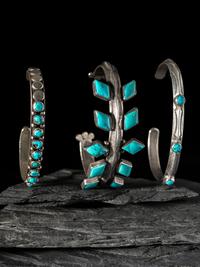 Navajo or Zuni Silver and Turquoise Cuff Bracelets