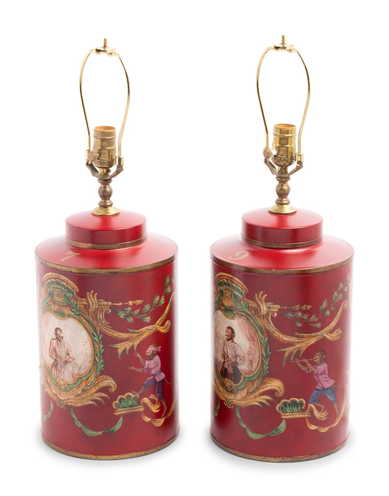 A Pair of Polychrome Painted Tea Canisters Mounted as Lamps
