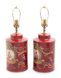 A Pair of Polychrome Painted Tea Canisters Mounted as Lamps
