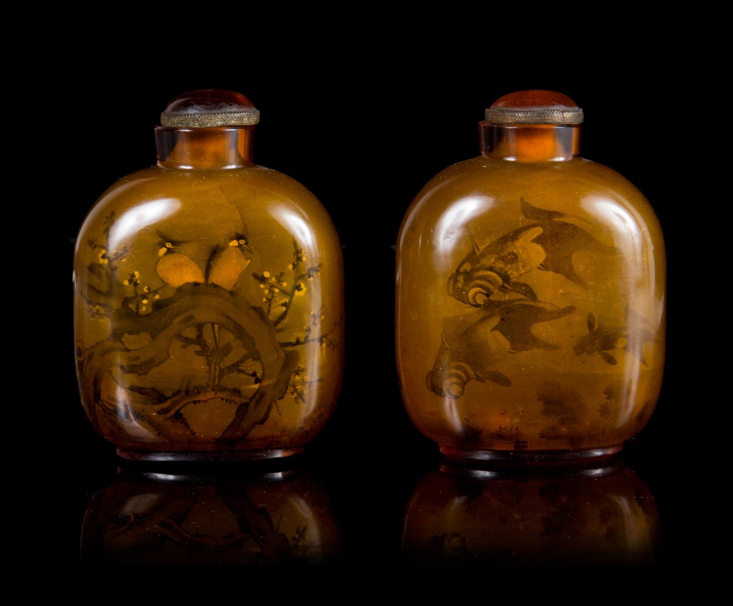 A Pair of Inside Painted Glass Snuff Bottles Height 3 3/4 inches.