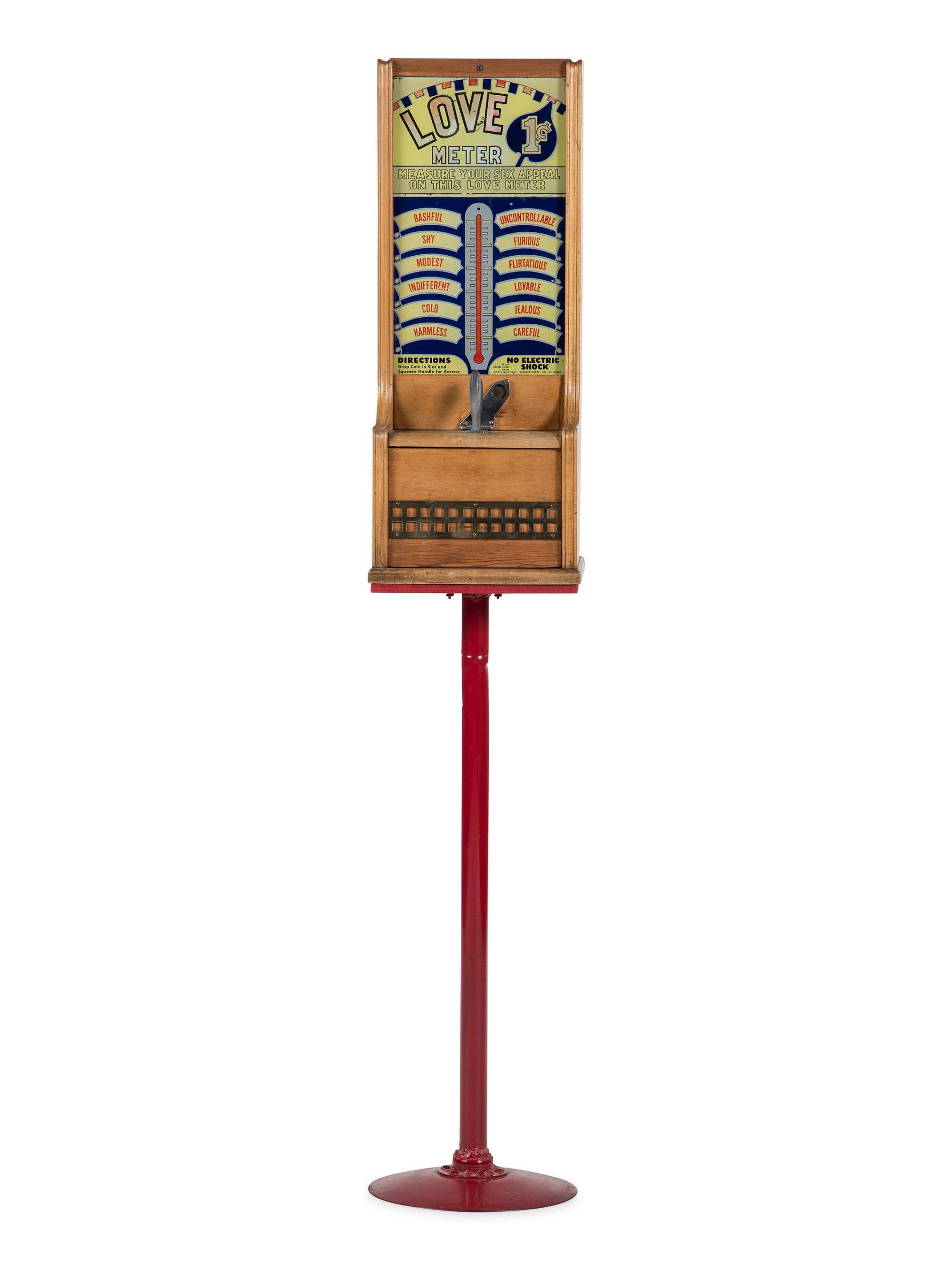 An Exhibit Supply Co. 1 Cent Love Meter on Stand