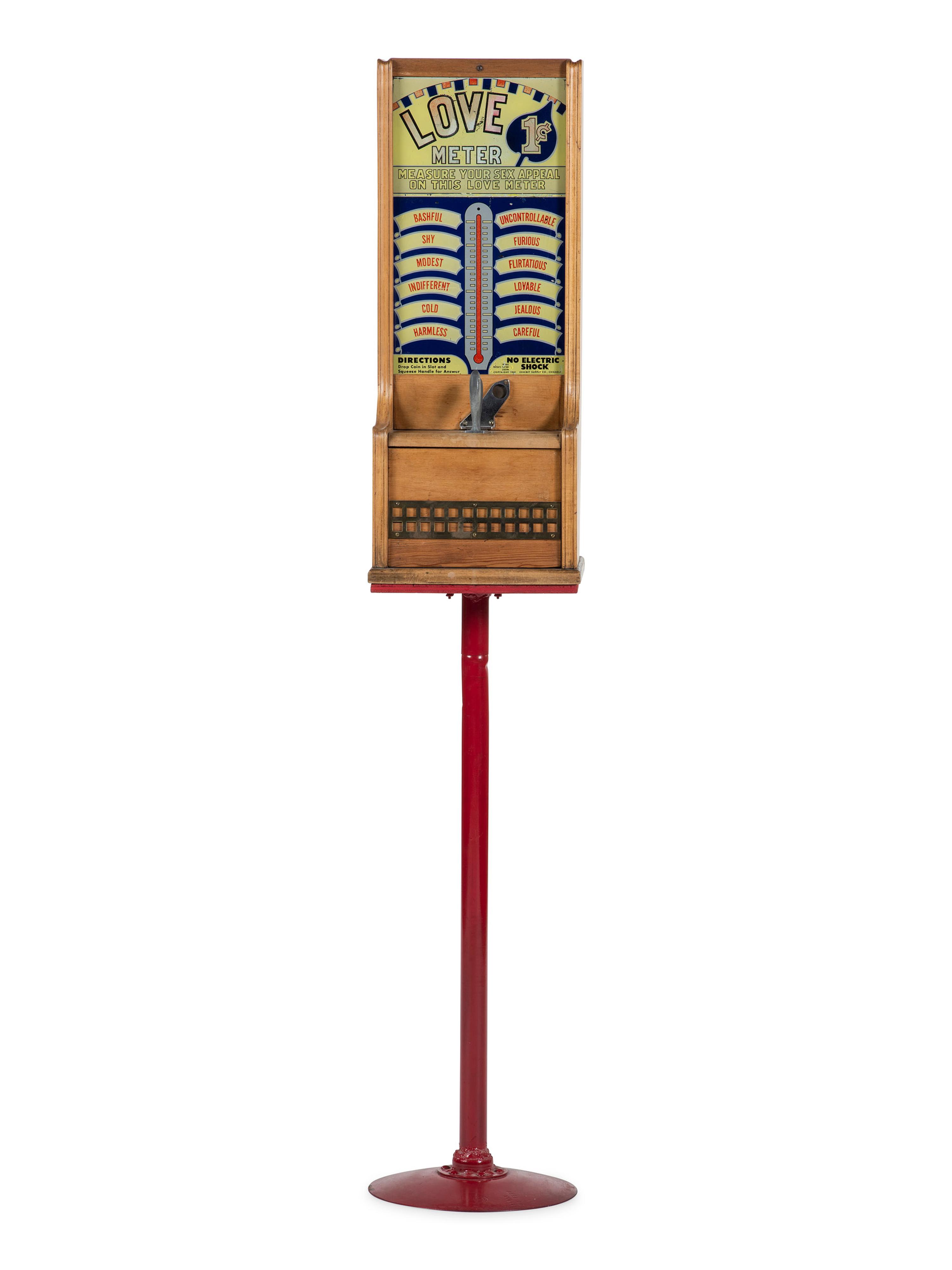 An Exhibit Supply Co. 1 Cent Love Meter on Stand
