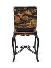A Japanese Export Gilt Metal Mounted Black and Gilt Lacquer Cabinet on Later Stand — 19TH CENTURY