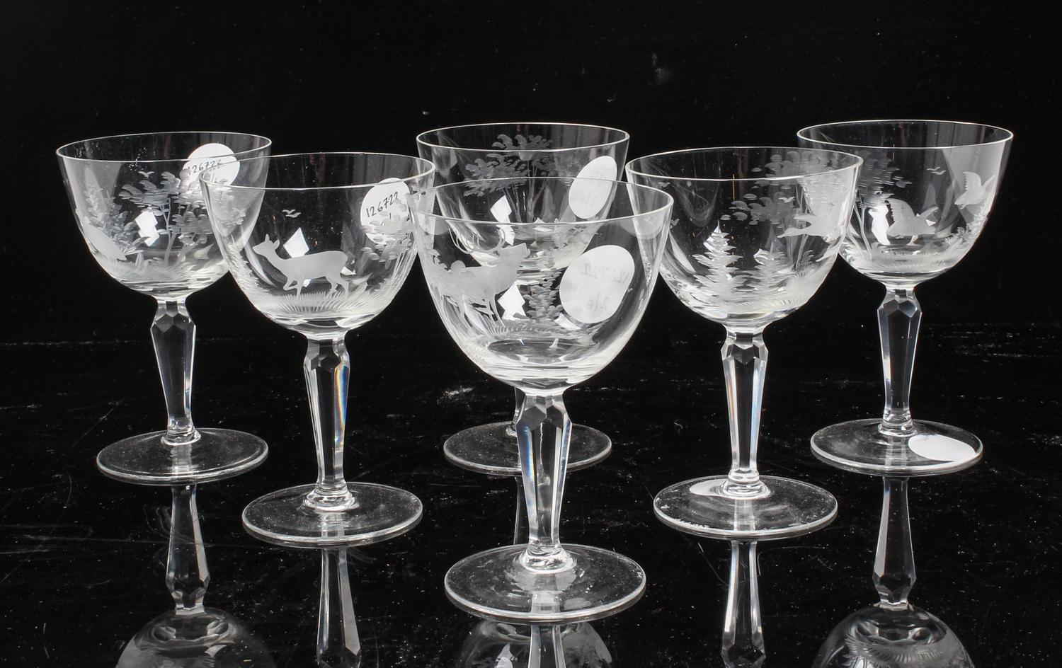 A Set of Six Etched Glass Stems Height 5 inches.