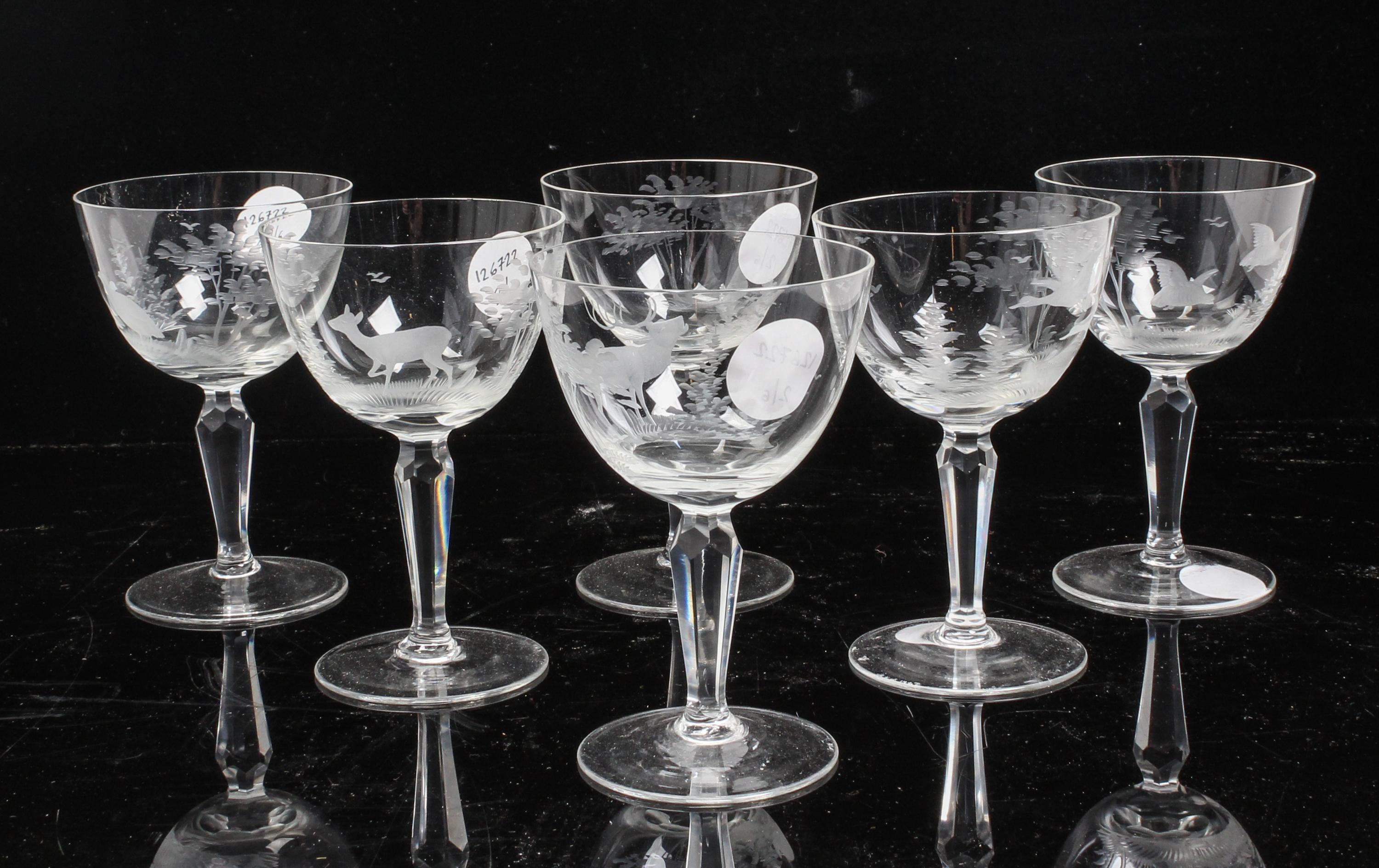 A Set of Six Etched Glass Stems Height 5 inches.
