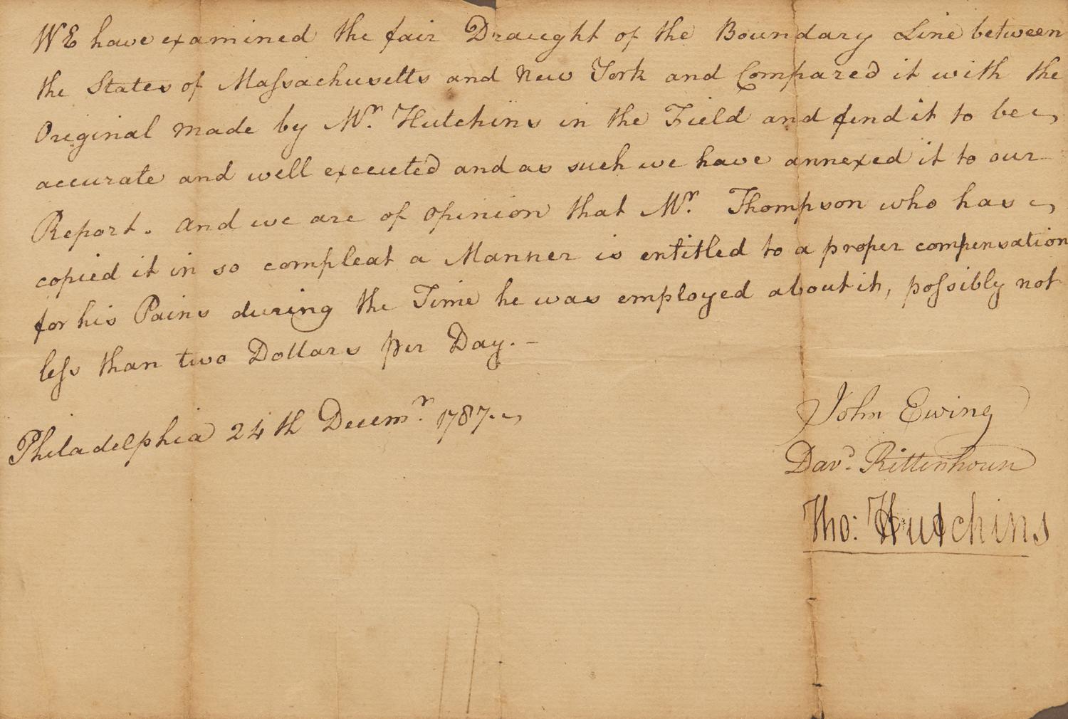[Americana] Ewing, John, and David Rittenhouse, and Thomas Hutchins. Manuscript Document, signed