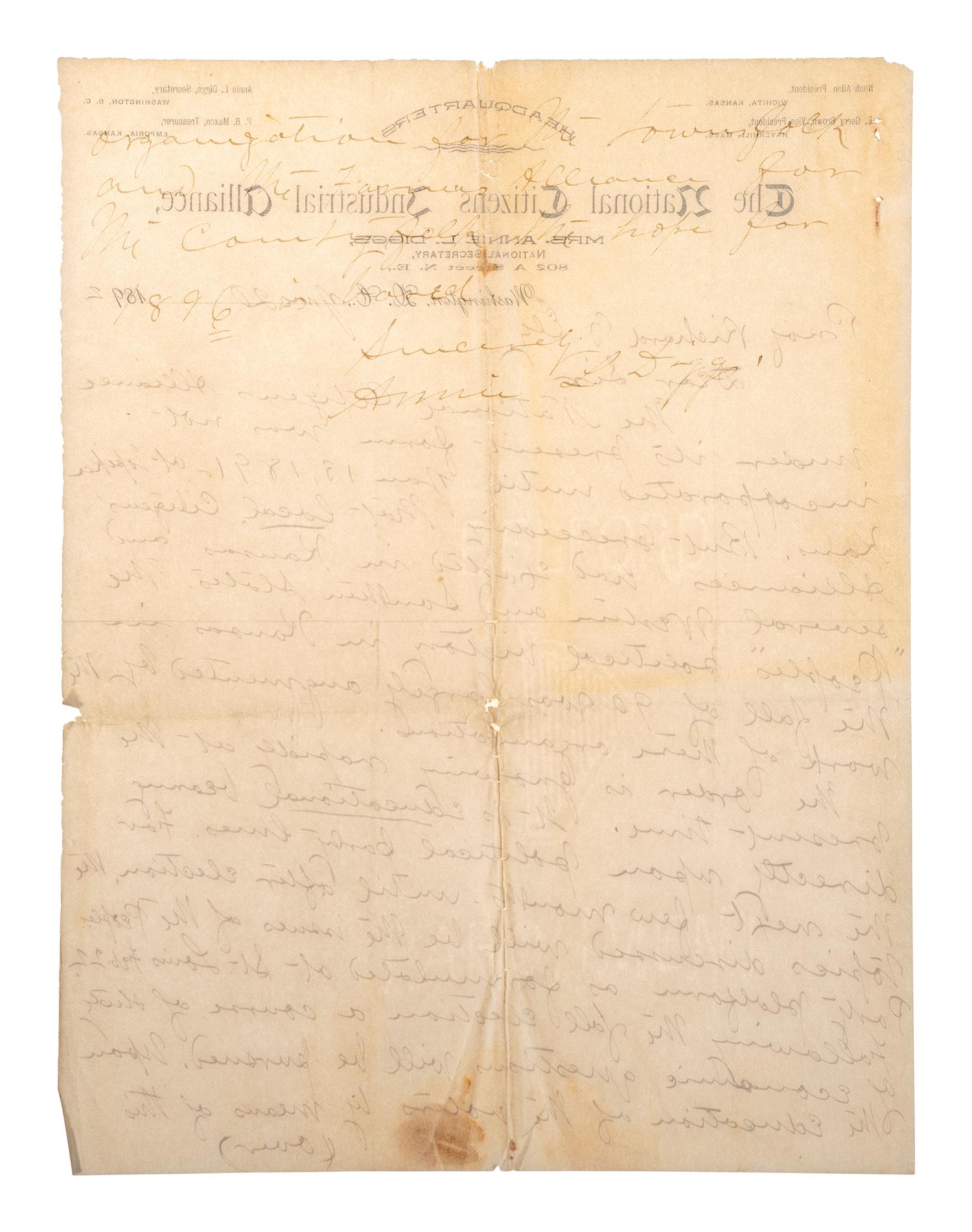 [LABOR]. A group of ephemera and pamphlets related to the labor movements of the late 19th and early 20th centuries, including an autograph letter signed by Annie LePorte DIGGS.