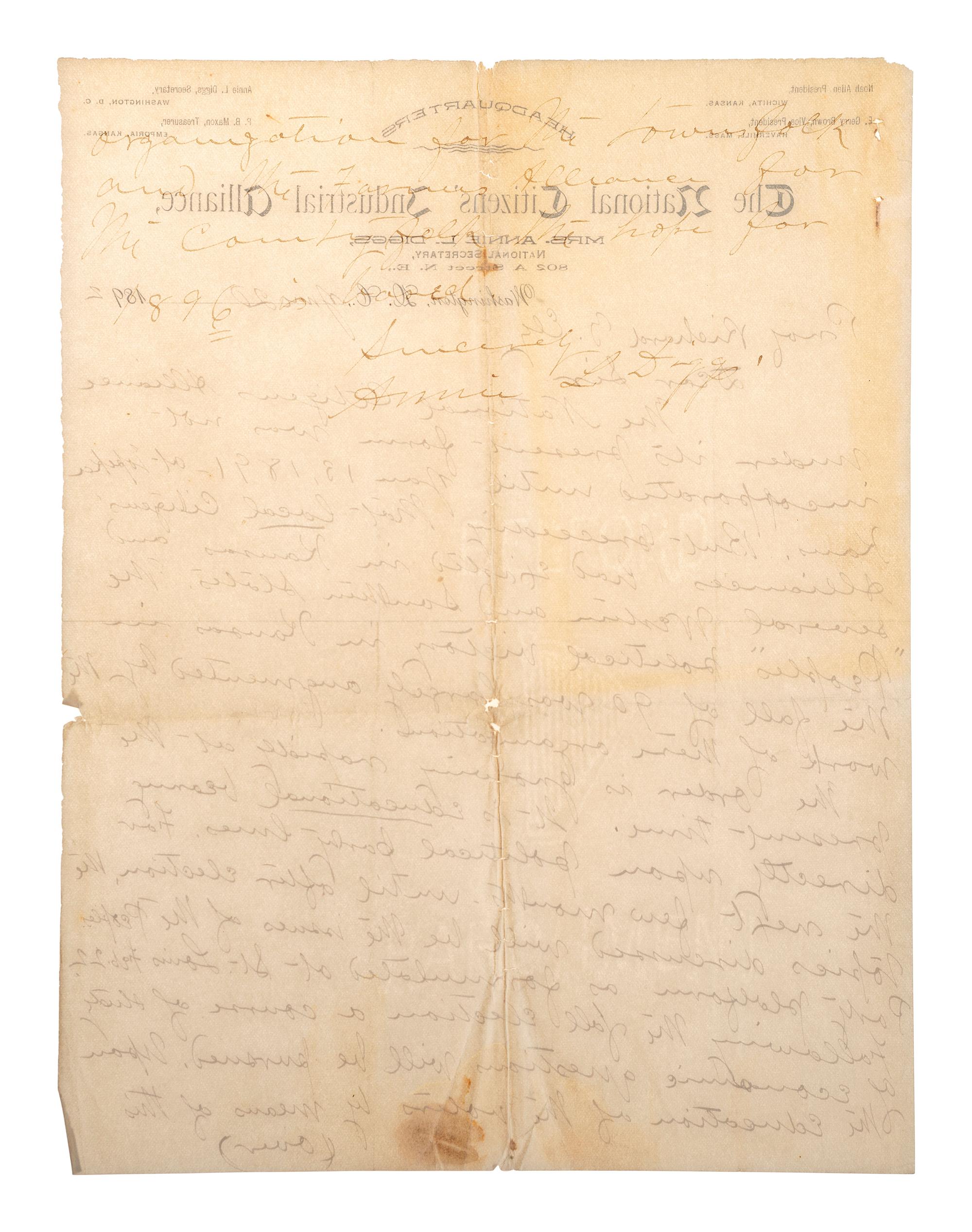 [LABOR]. A group of ephemera and pamphlets related to the labor movements of the late 19th and early 20th centuries, including an autograph letter signed by Annie LePorte DIGGS.