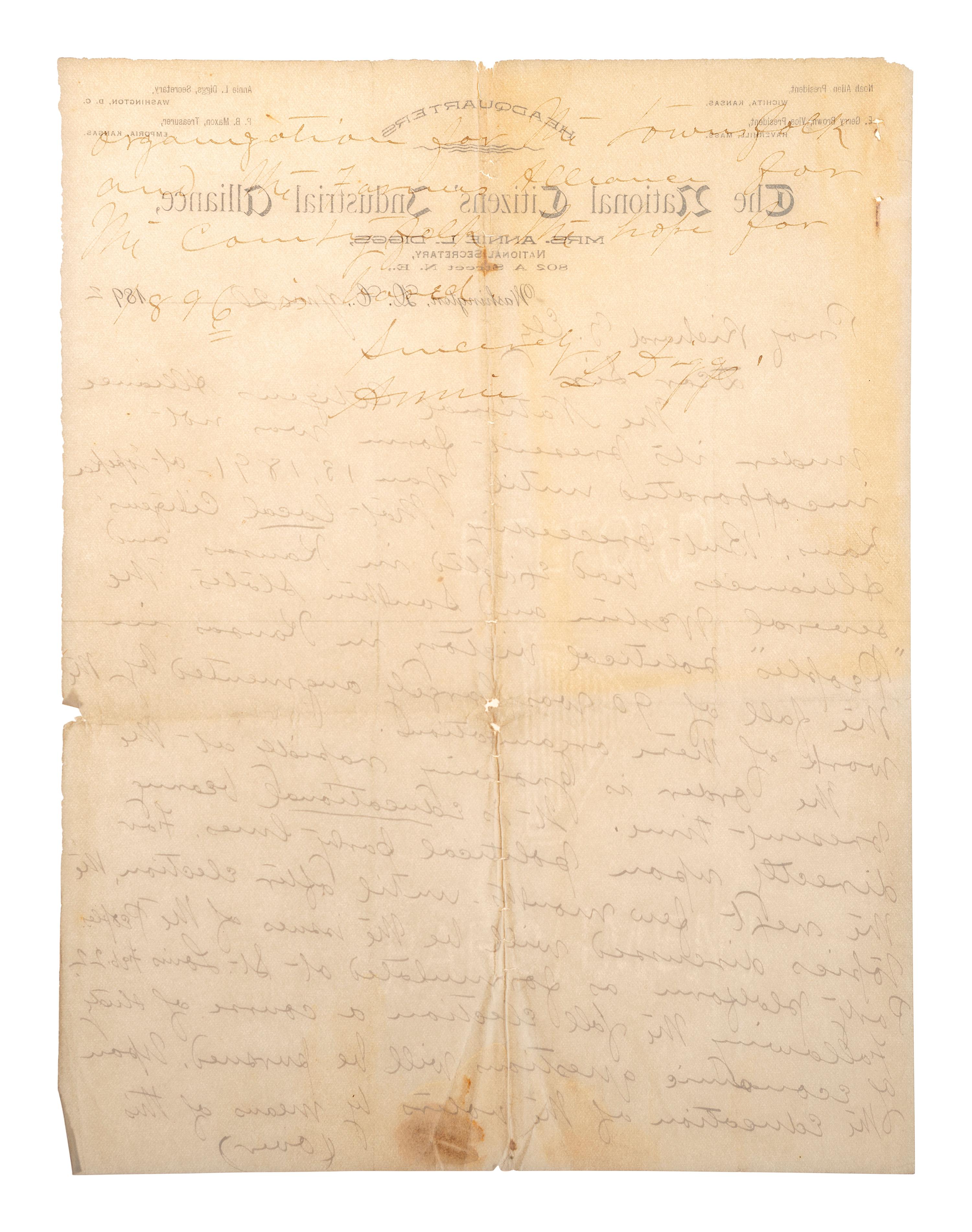 [LABOR]. A group of ephemera and pamphlets related to the labor movements of the late 19th and early 20th centuries, including an autograph letter signed by Annie LePorte DIGGS.