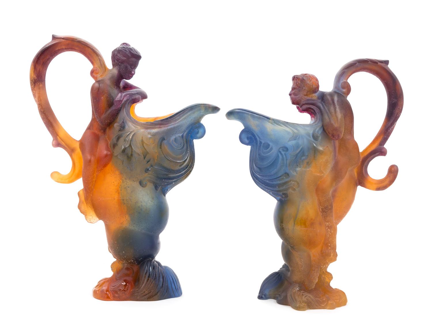 Daum, France, SECOND HALF 20TH CENTURY, a pair of pate-de-verre Mythologie glass pitchers