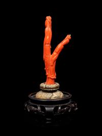 A Red Coral Figural Group