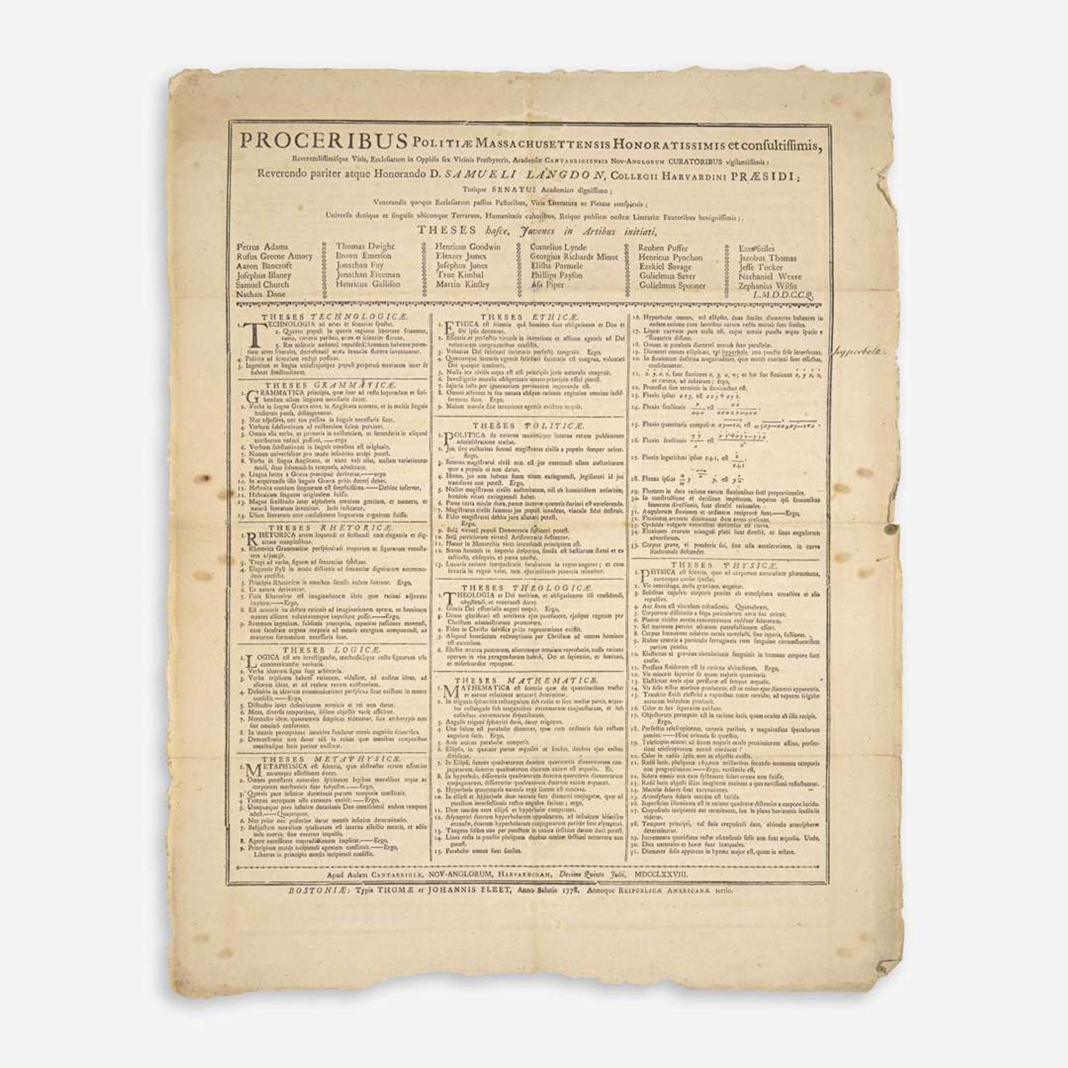 [Americana] [Harvard College] Group of 3 Harvard College Graduation Theses Broadsides