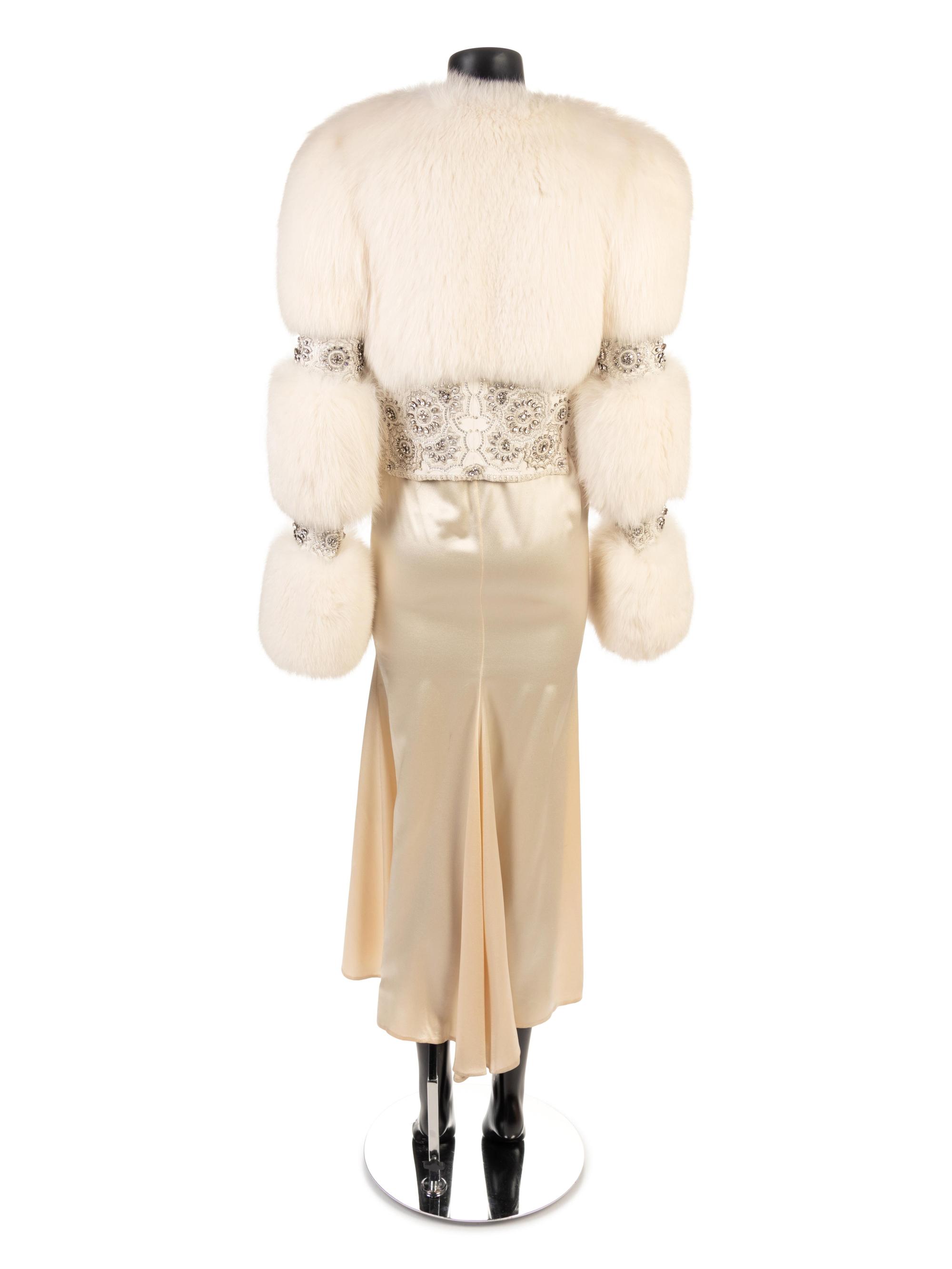 White Fur & Rhinestone Jacket with Satin Skirt, 1990s