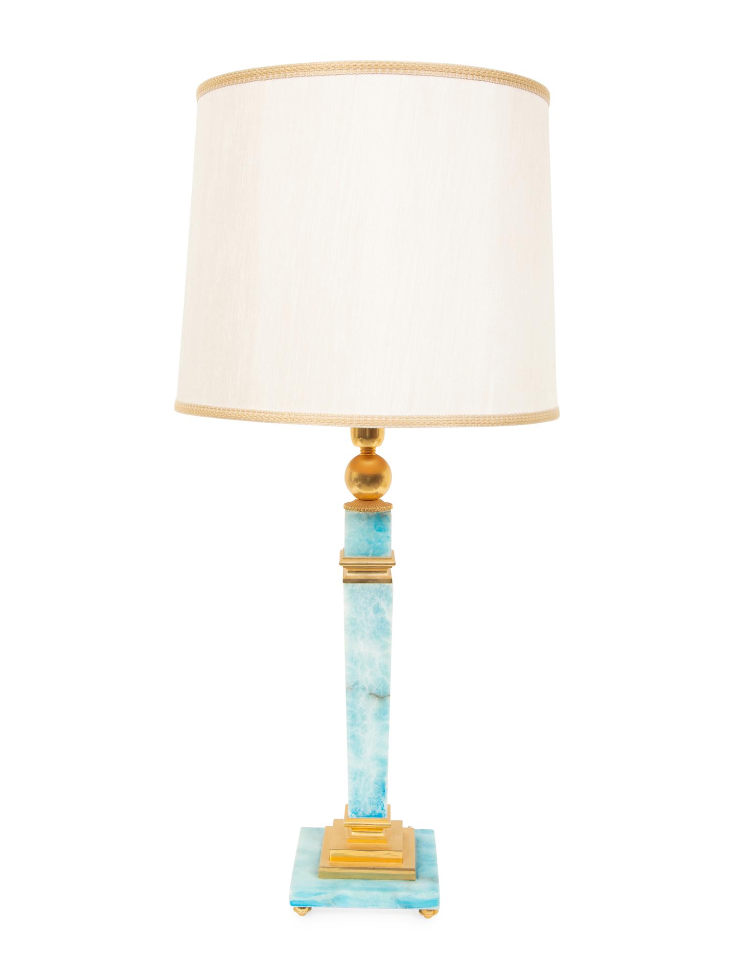 A Gilt Metal Mounted Blue-Stained Stone Table Lamp
