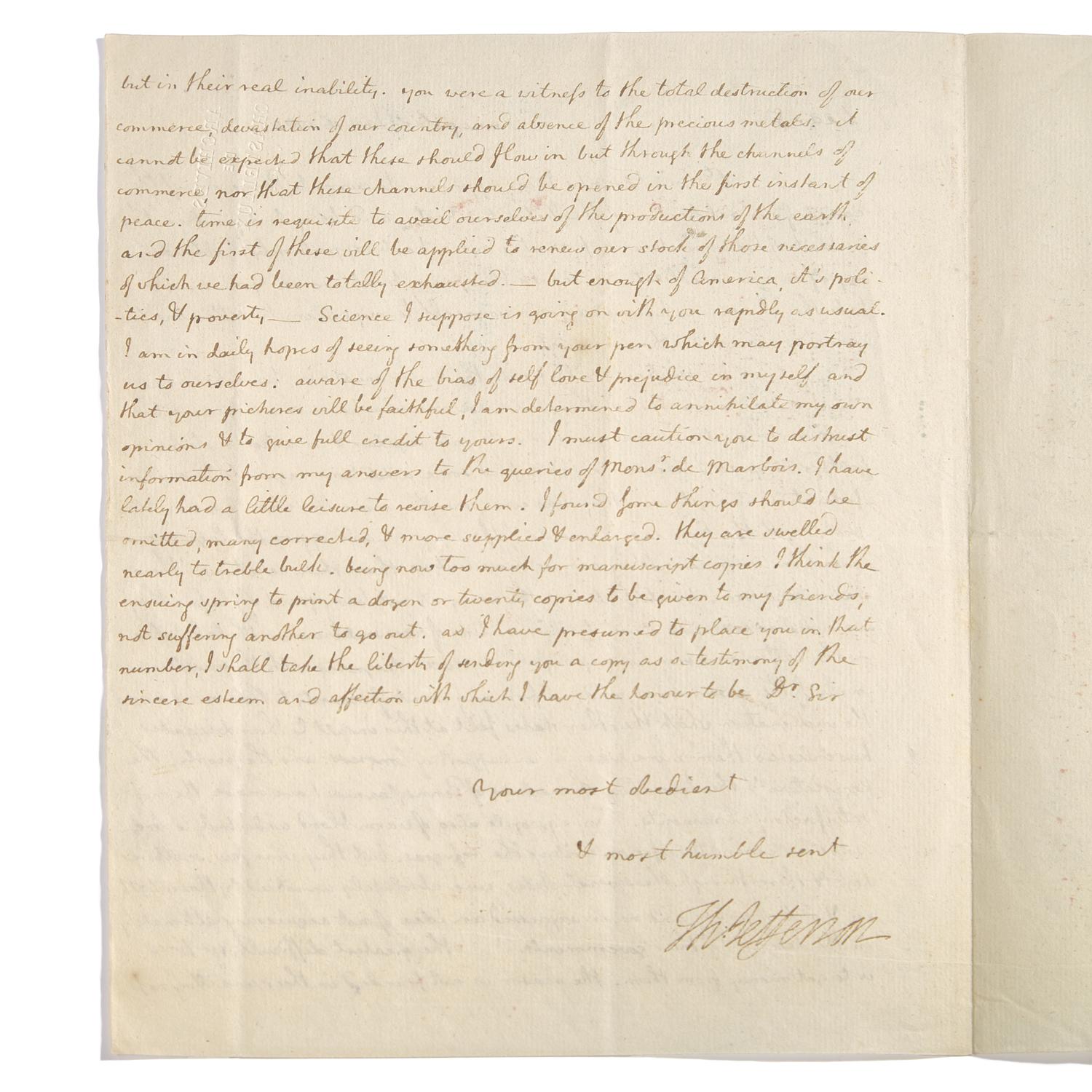 [American Revolution] Thomas Jefferson at the Birth of a New Nation: An Important Letter Carried by a Jewish Patriot Communicating the Definitive Treaty of Paris, Projecting American Stability, and Preparations for the Publication of His “Notes on the State of Virginia”, January 16, 1784