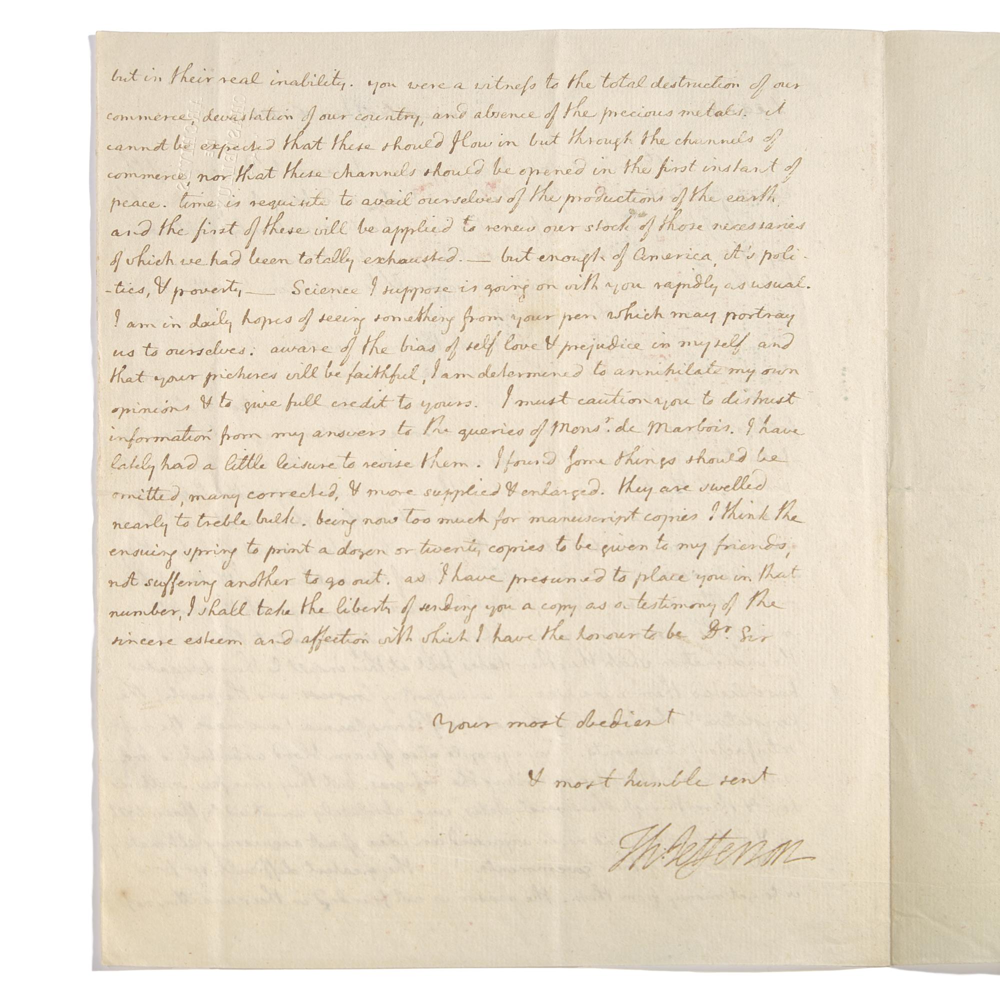[American Revolution] Thomas Jefferson at the Birth of a New Nation: An Important Letter Carried by a Jewish Patriot Communicating the Definitive Treaty of Paris, Projecting American Stability, and Preparations for the Publication of His “Notes on the State of Virginia”, January 16, 1784