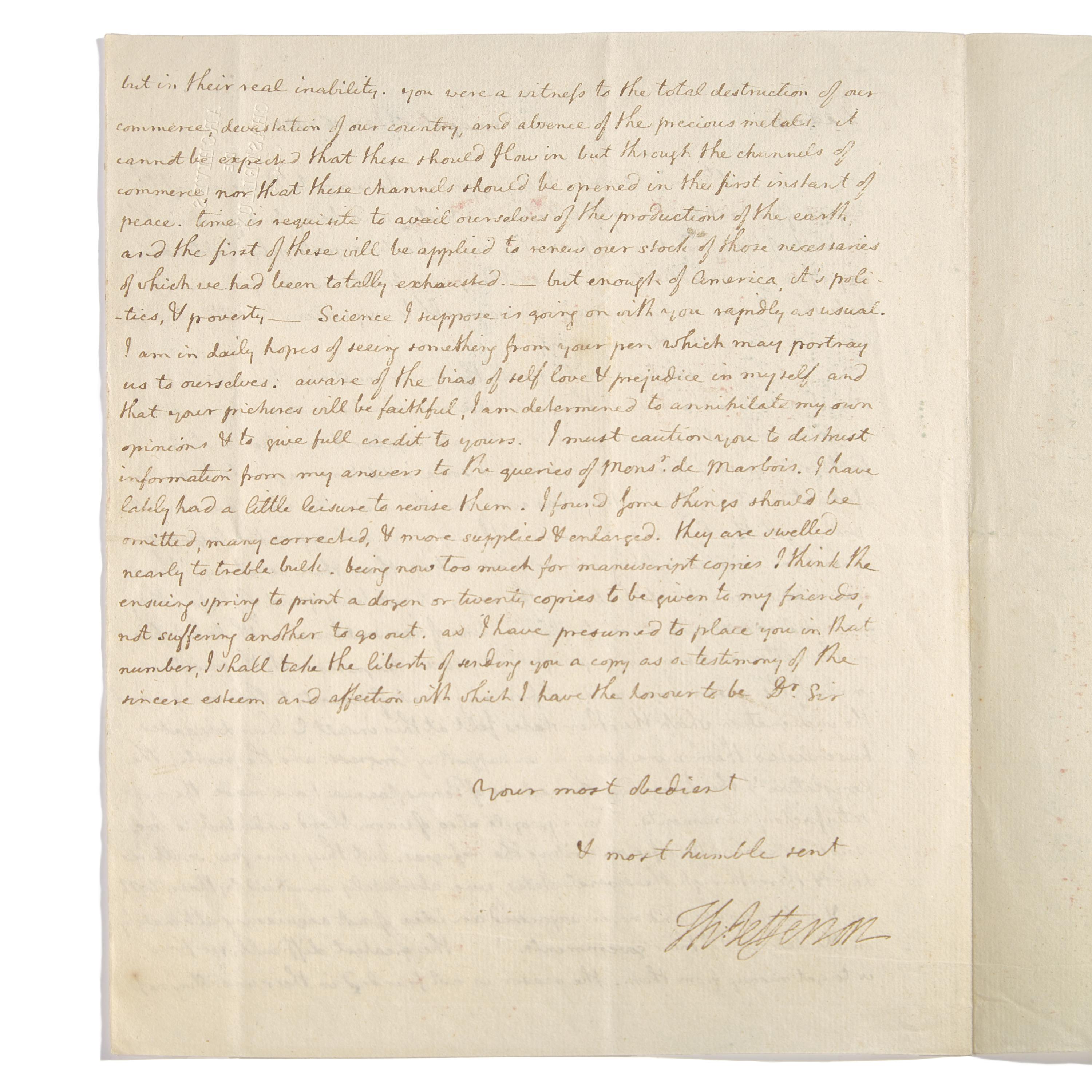 [American Revolution] Thomas Jefferson at the Birth of a New Nation: An Important Letter Carried by a Jewish Patriot Communicating the Definitive Treaty of Paris, Projecting American Stability, and Preparations for the Publication of His “Notes on the State of Virginia”, January 16, 1784