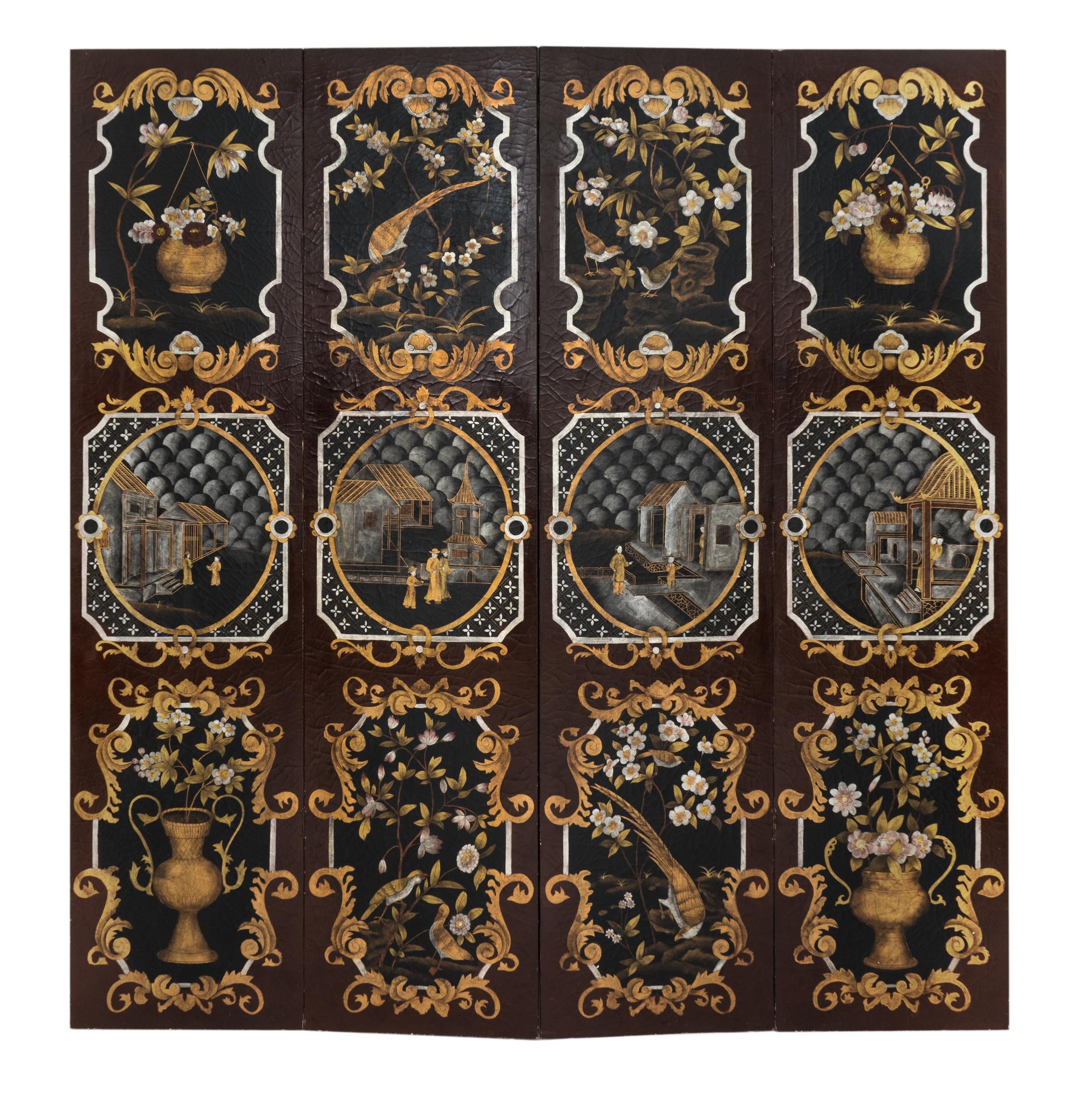 A Chinese Painted Lacquer Four-Panel Floor Screen — 19TH CENTURY