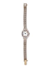 A 14 Karat White Gold, Platinum, Diamond and Sapphire Wristwatch, Waltham,