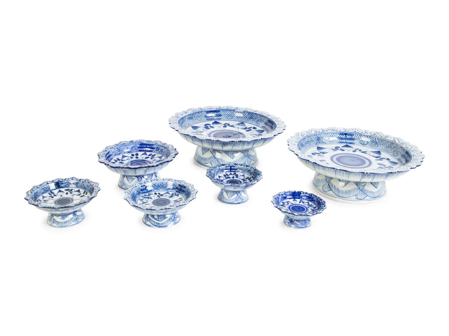Seven Thai Blue and White Porcleain Tazze — 20TH CENTURY