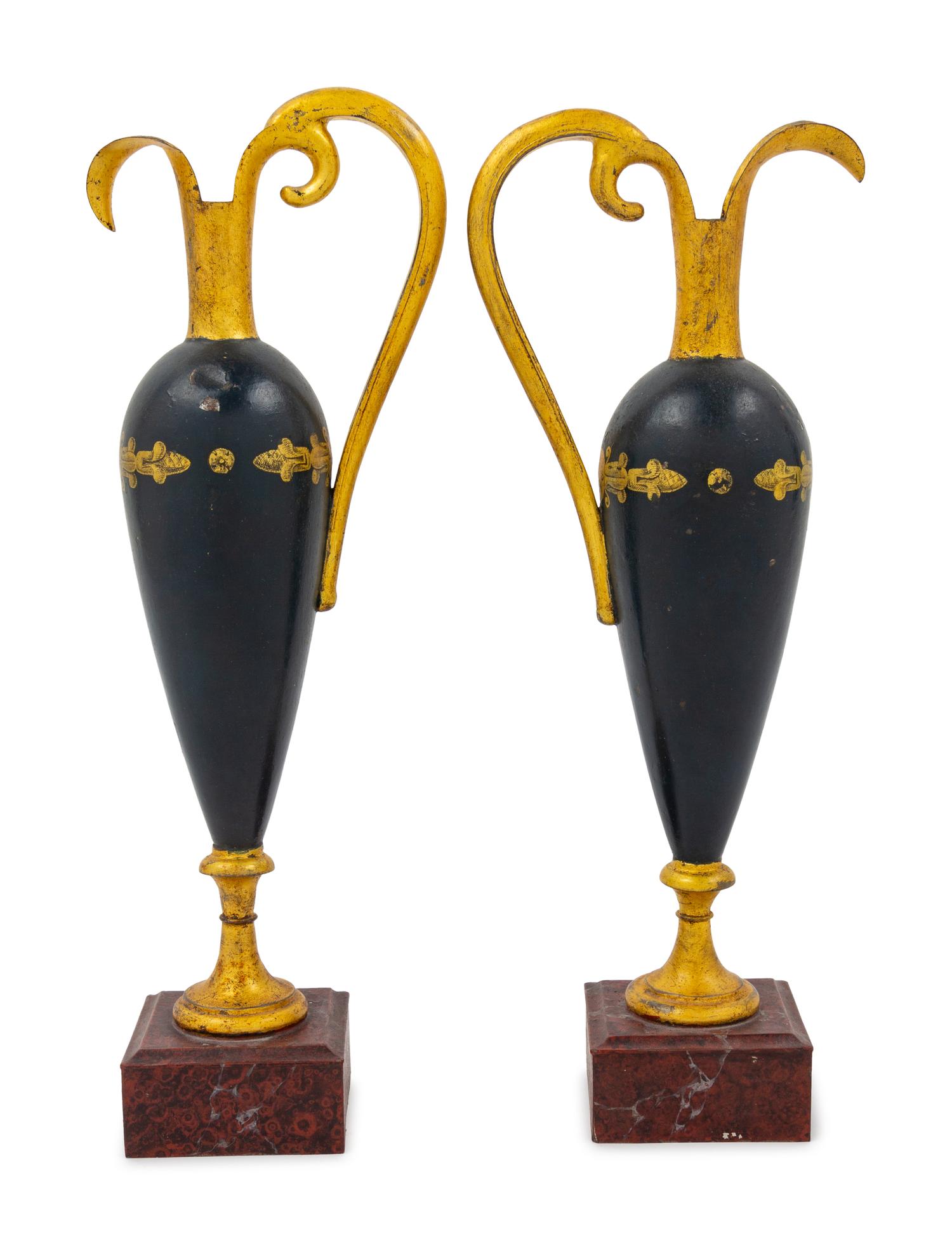 A Pair of Neoclassical Paint-Decorated Tinned Sheet Metal Ewers