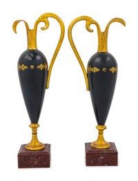 A Pair of Neoclassical Paint-Decorated Tinned Sheet Metal Ewers
