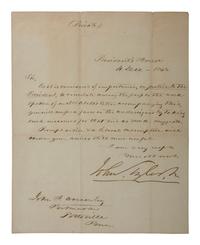 [TYLER, John (1790-1862)]. Possible forged letter signed ("John Tyler"), by a Mr. Abell, to John F. Werner, Esq. President's House, 4 December 1843. 1 page, 8vo, fold lines, few small holes at folds .