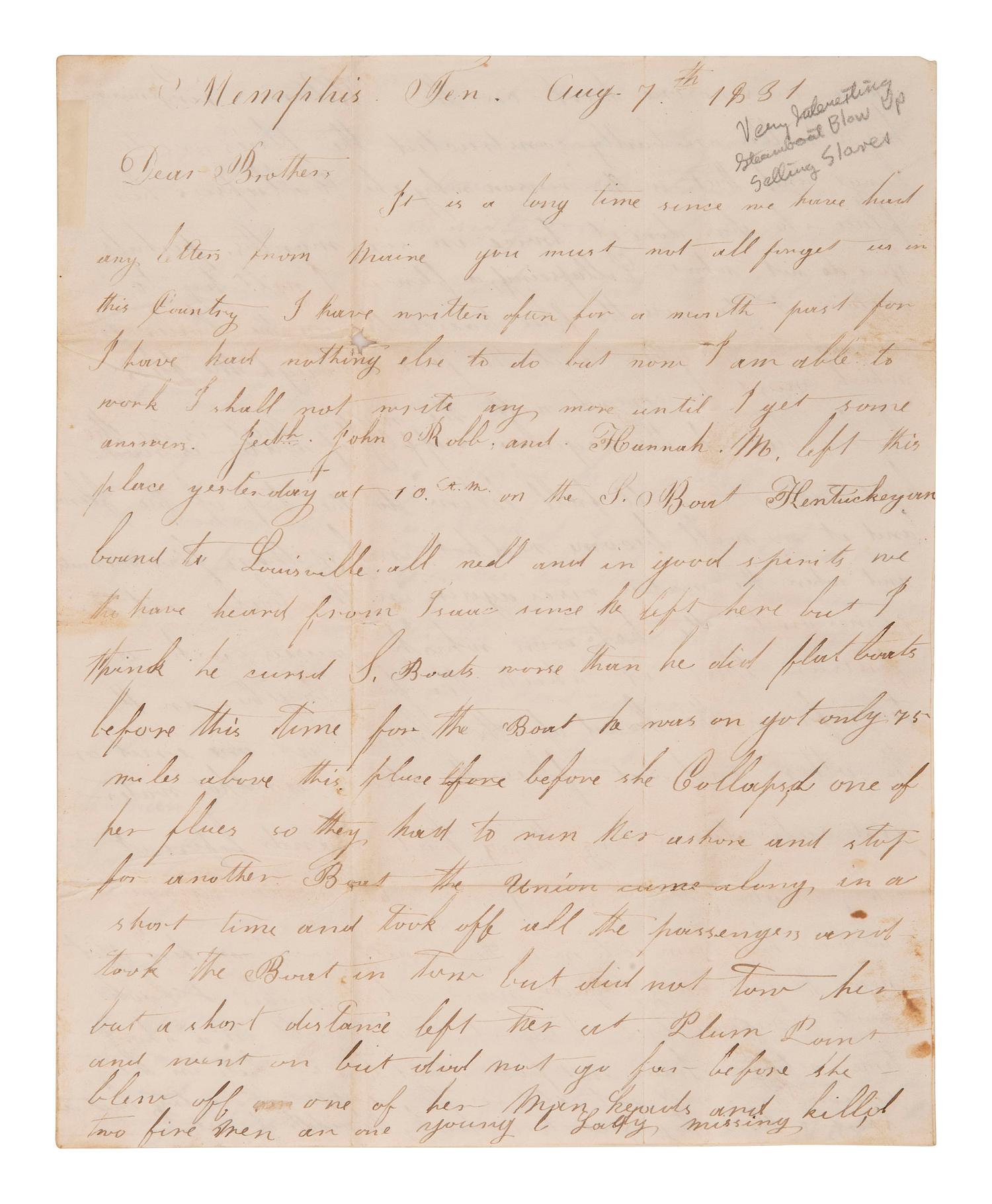 [ENSLAVEMENT]. A letter describing the practice of buying & selling enslaved persons. 7 August 1831.