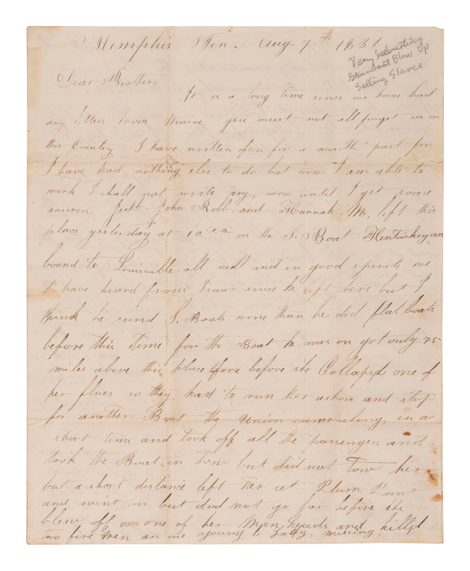 [ENSLAVEMENT]. A letter describing the practice of buying & selling enslaved persons. 7 August 1831.
