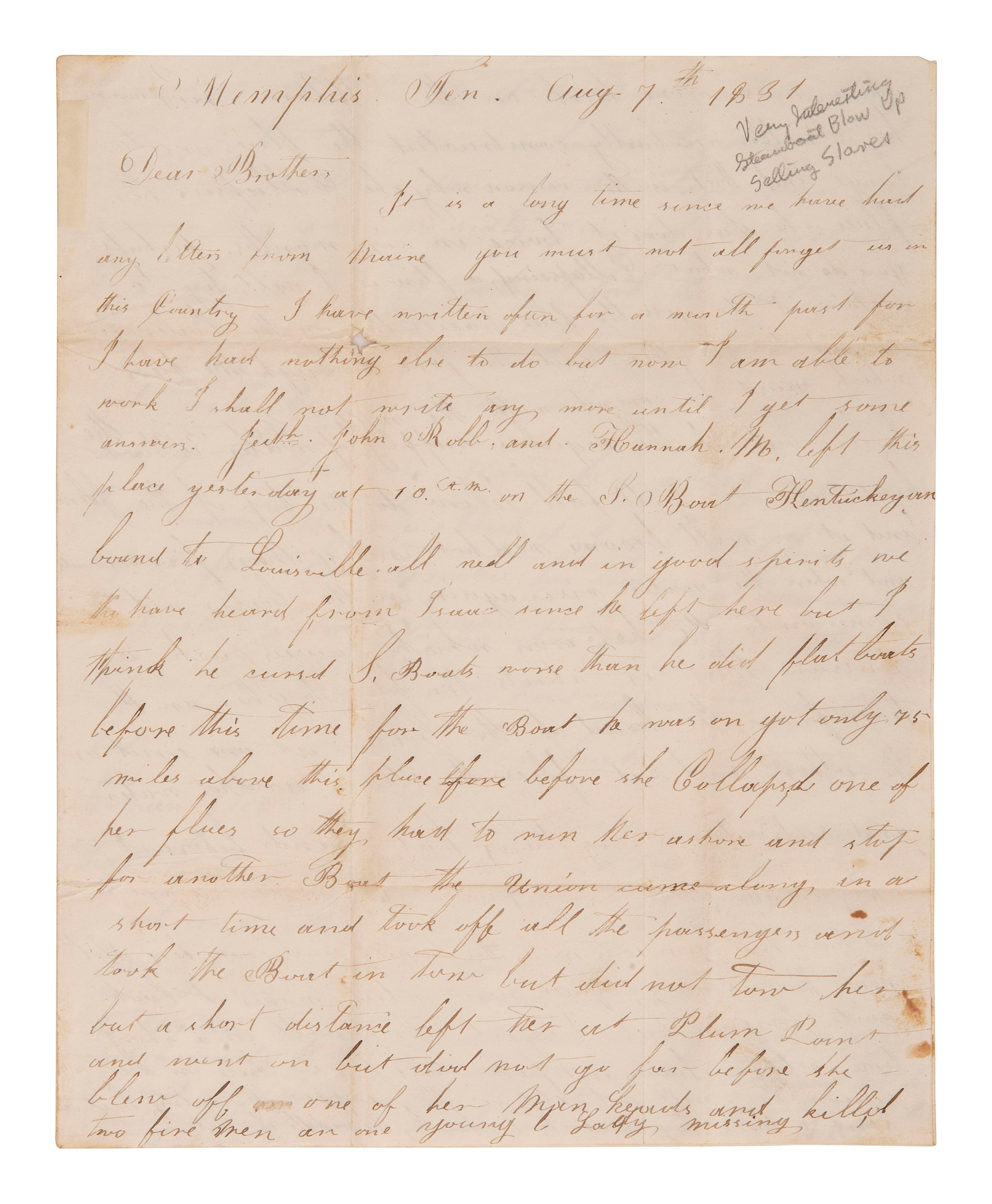 [ENSLAVEMENT]. A letter describing the practice of buying & selling enslaved persons. 7 August 1831.