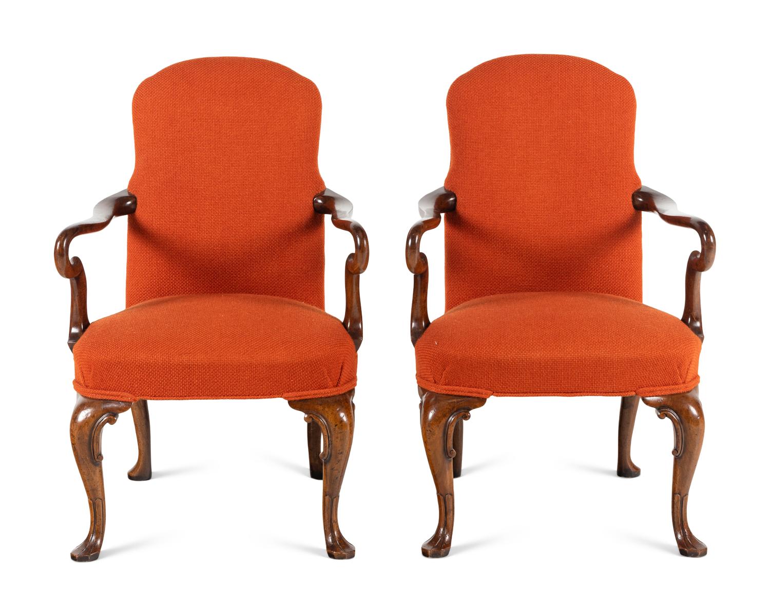 A Pair of Queen Anne Style Walnut Armchairs