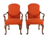 A Pair of Queen Anne Style Walnut Armchairs