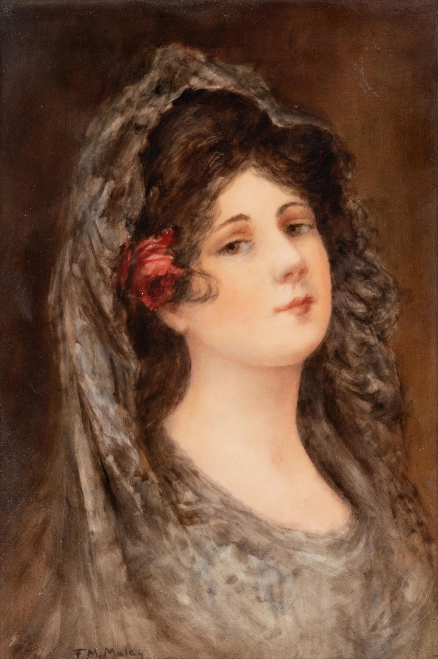 A German Painted Porcelain Plaque of a Shawled Beauty
