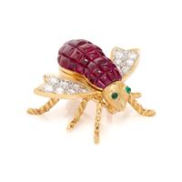 SYNTHETIC RUBY, DIAMOND AND EMERALD BEE BROOCH