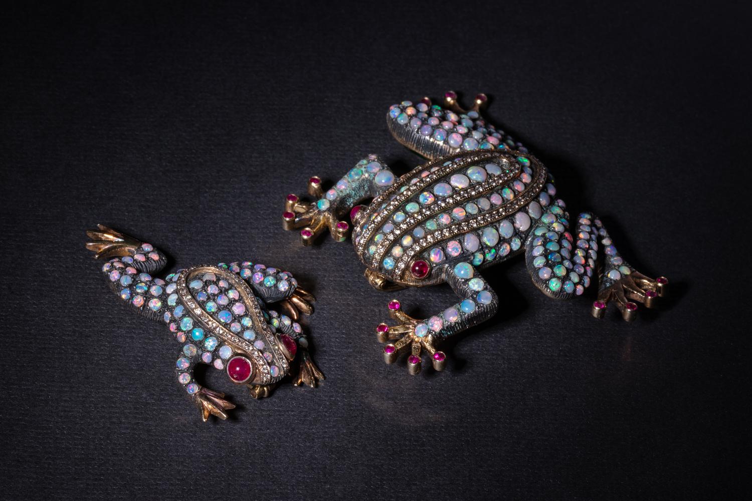 COLLECTION OF OPAL, DIAMOND AND RUBY FROG BROOCHES