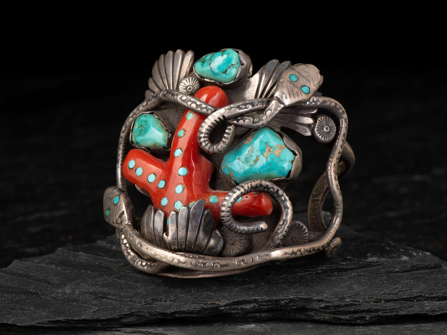 Serpent Cuff Bracelet, set with Turquoise and Coral
