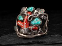 Serpent Cuff Bracelet, set with Turquoise and Coral