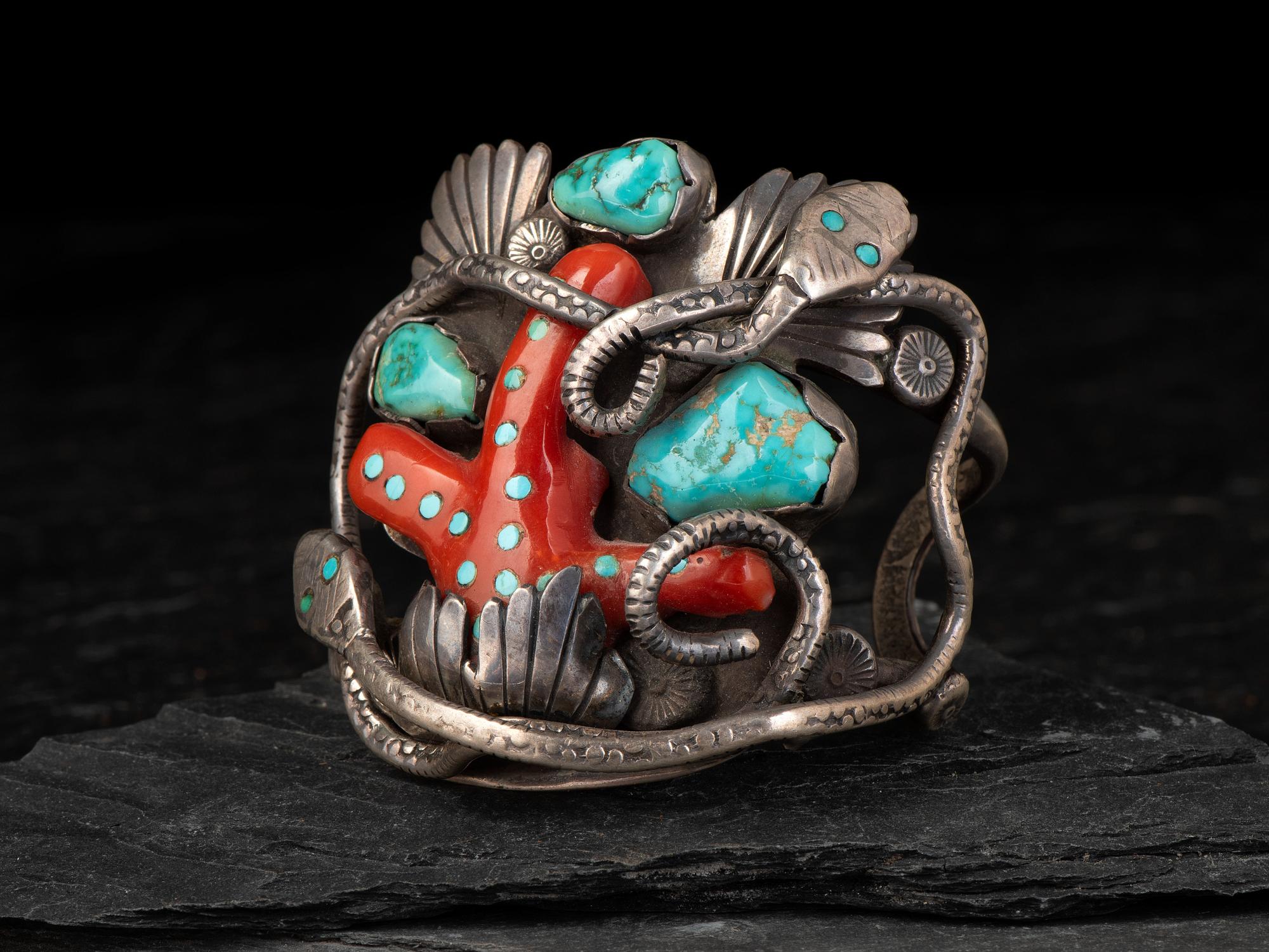 Serpent Cuff Bracelet, set with Turquoise and Coral