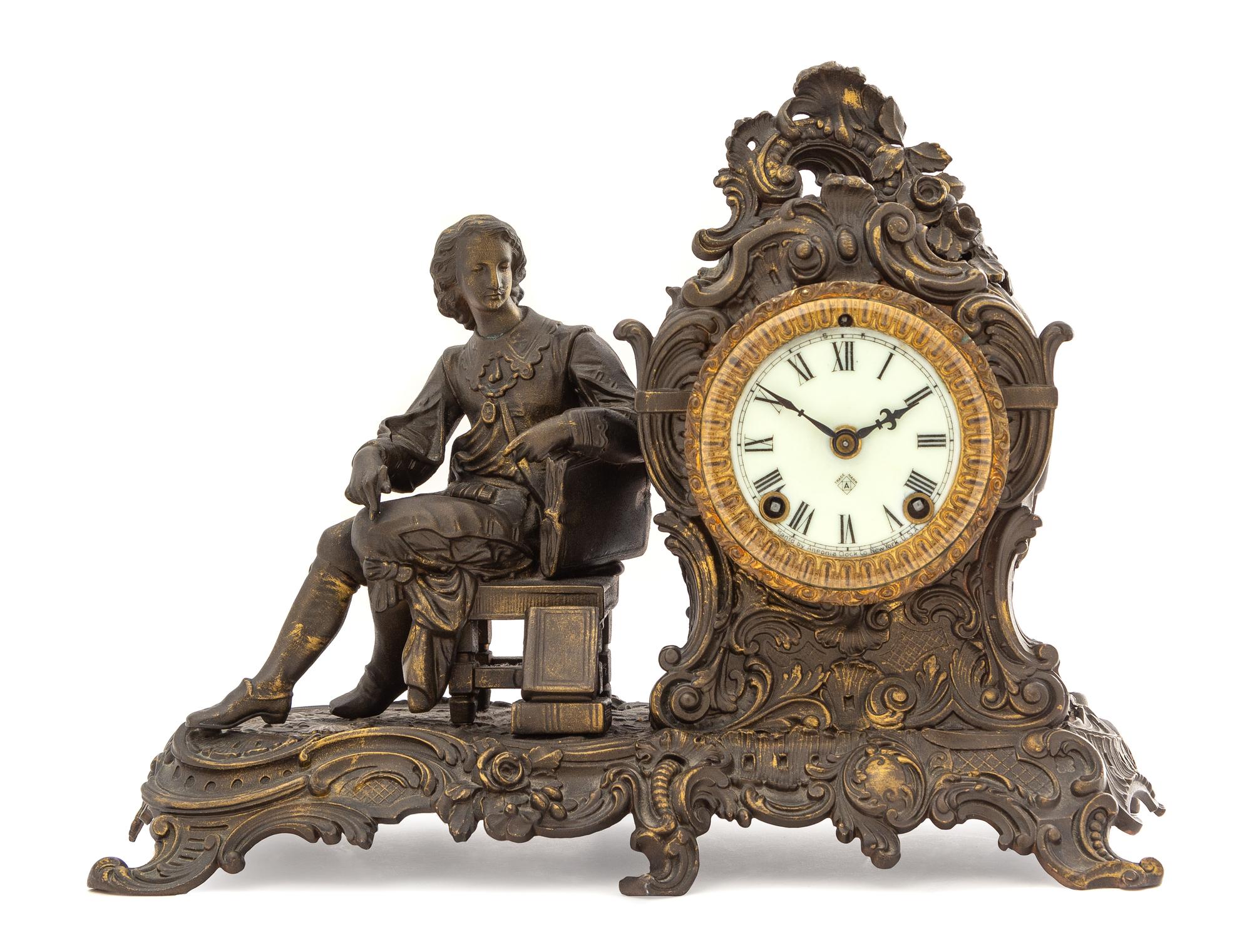 An Ansonia Cast Metal Figural Mantel Clock