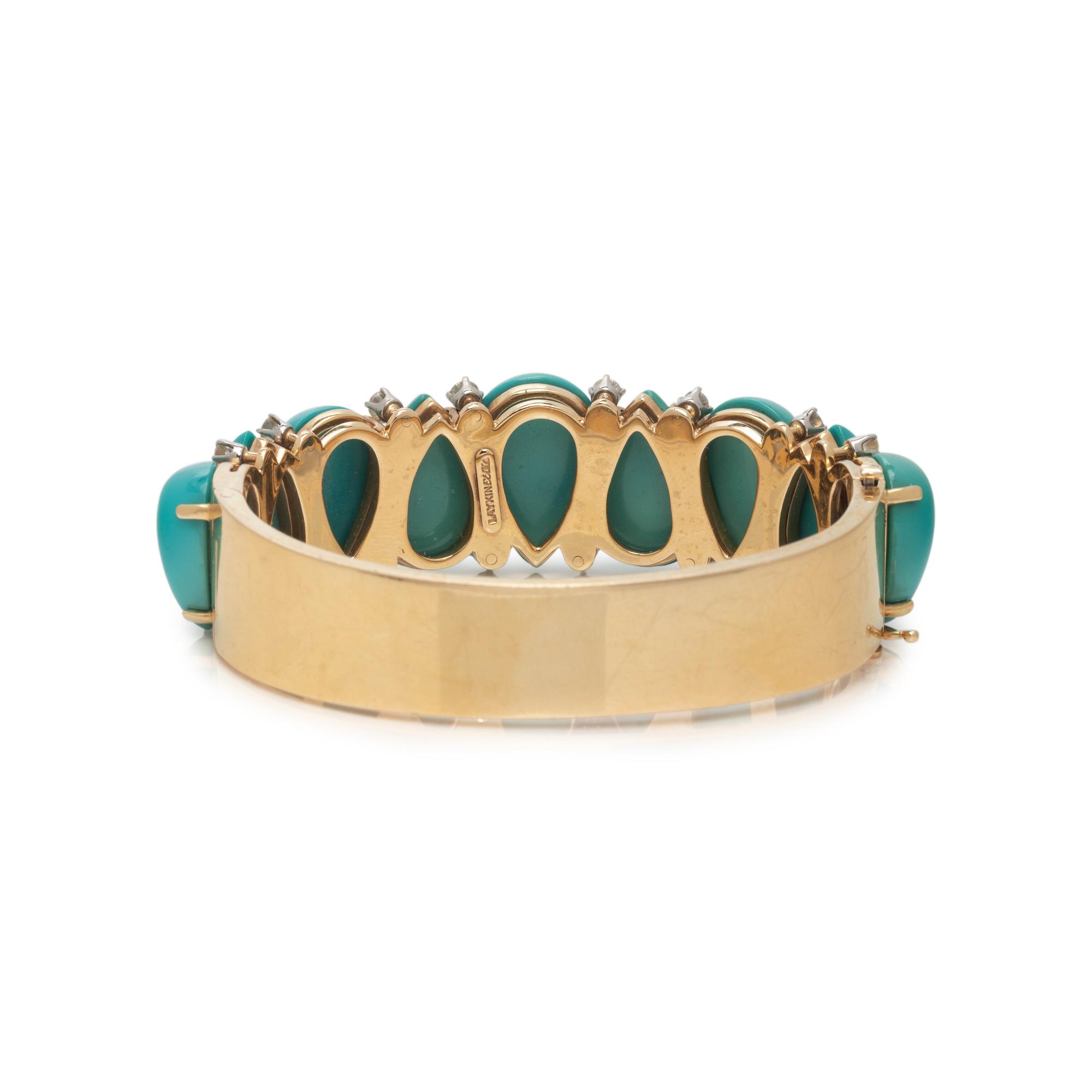 LAYKIN ET CIE, YELLOW GOLD, TURQUOISE AND DIAMOND BANGLE BRACELET