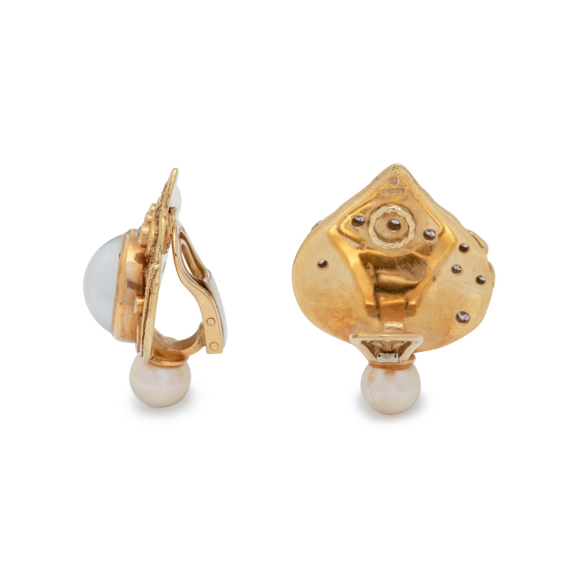 ELIZABETH GAGE, YELLOW GOLD, CULTURED PEARL AND DIAMOND EARCLIPS