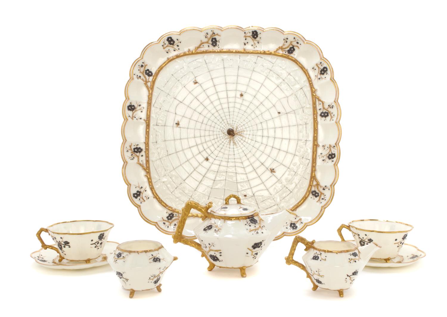 A Belleek Thorn Tea Service, Width of tray 14 1/2 inches.