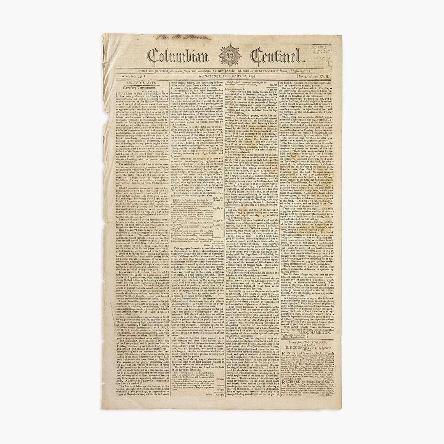 [Hamilton, Alexander] [Public Credit, etc.] Group of 3 Issues of the Columbian Centinel