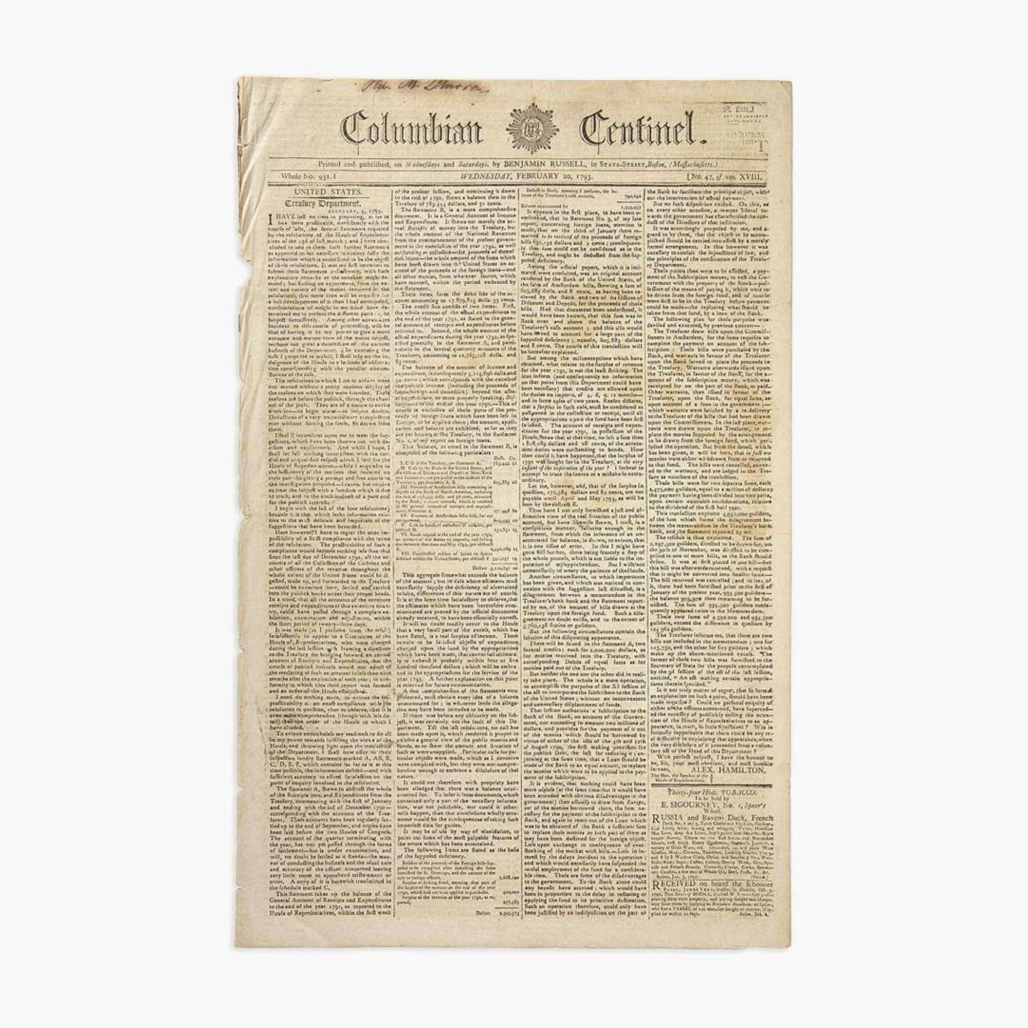 [Hamilton, Alexander] [Public Credit, etc.] Group of 3 Issues of the Columbian Centinel