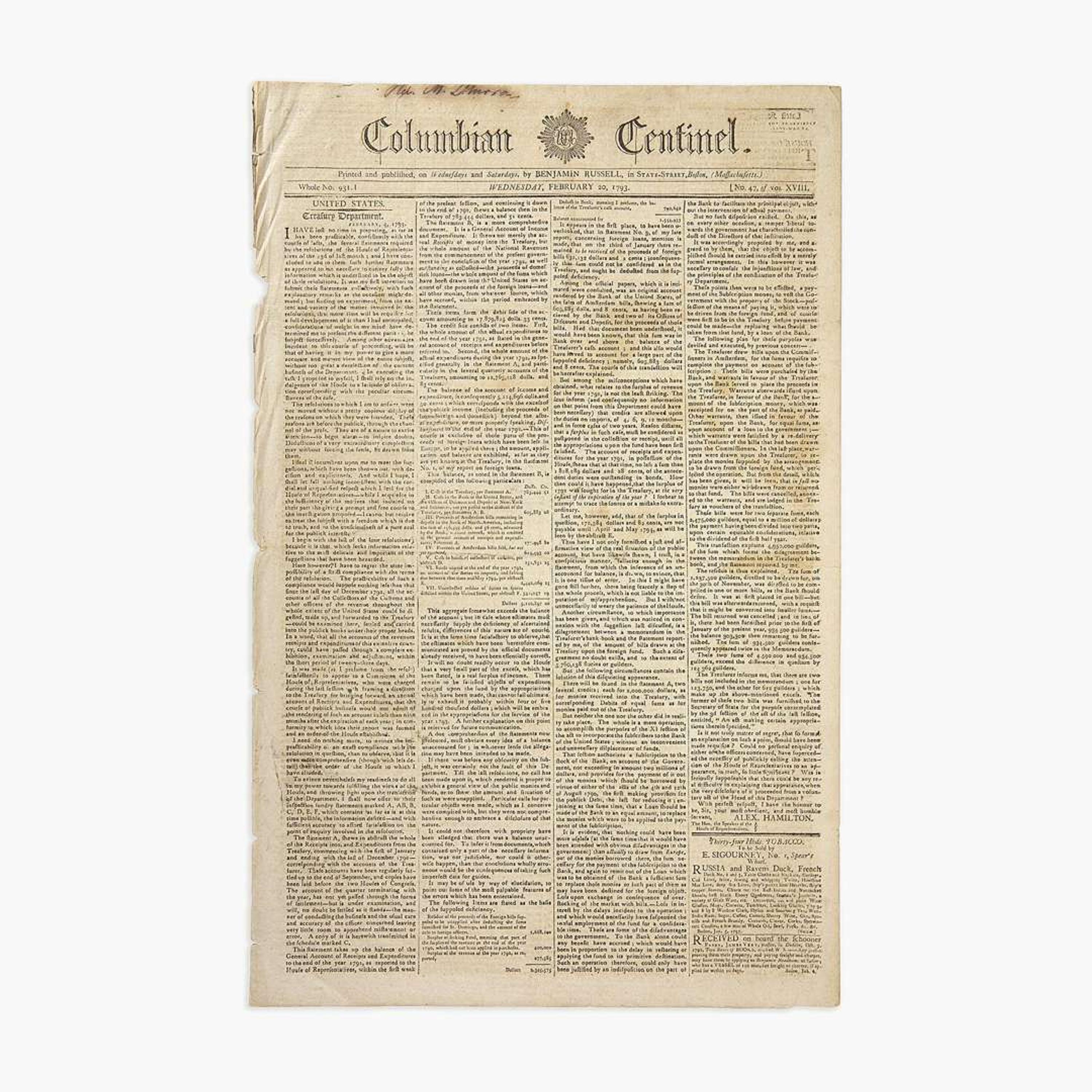 [Hamilton, Alexander] [Public Credit, etc.] Group of 3 Issues of the Columbian Centinel