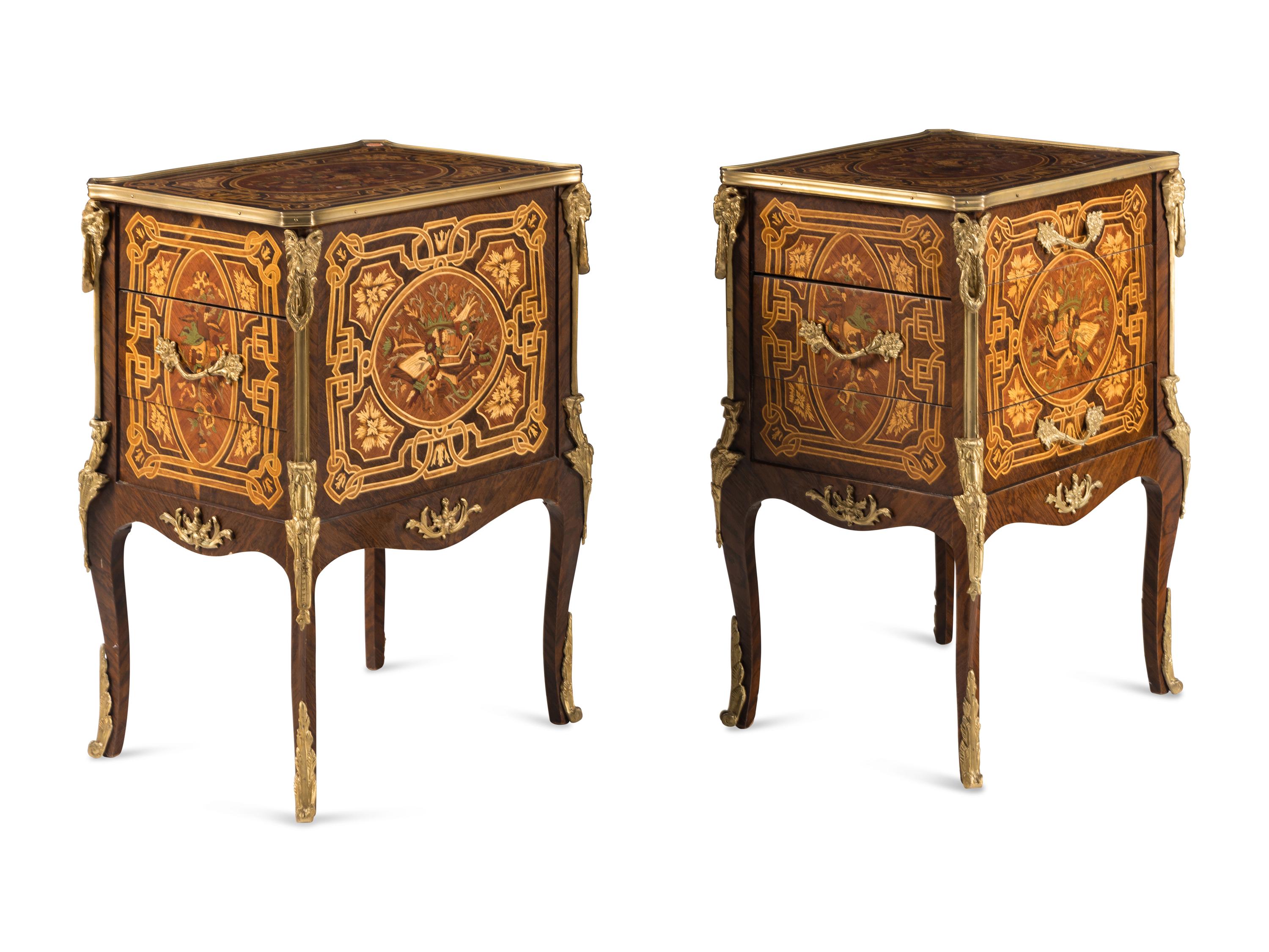 A Pair of Louis XV Style Gilt Bronze Mounted Marquetry Side Cabinets