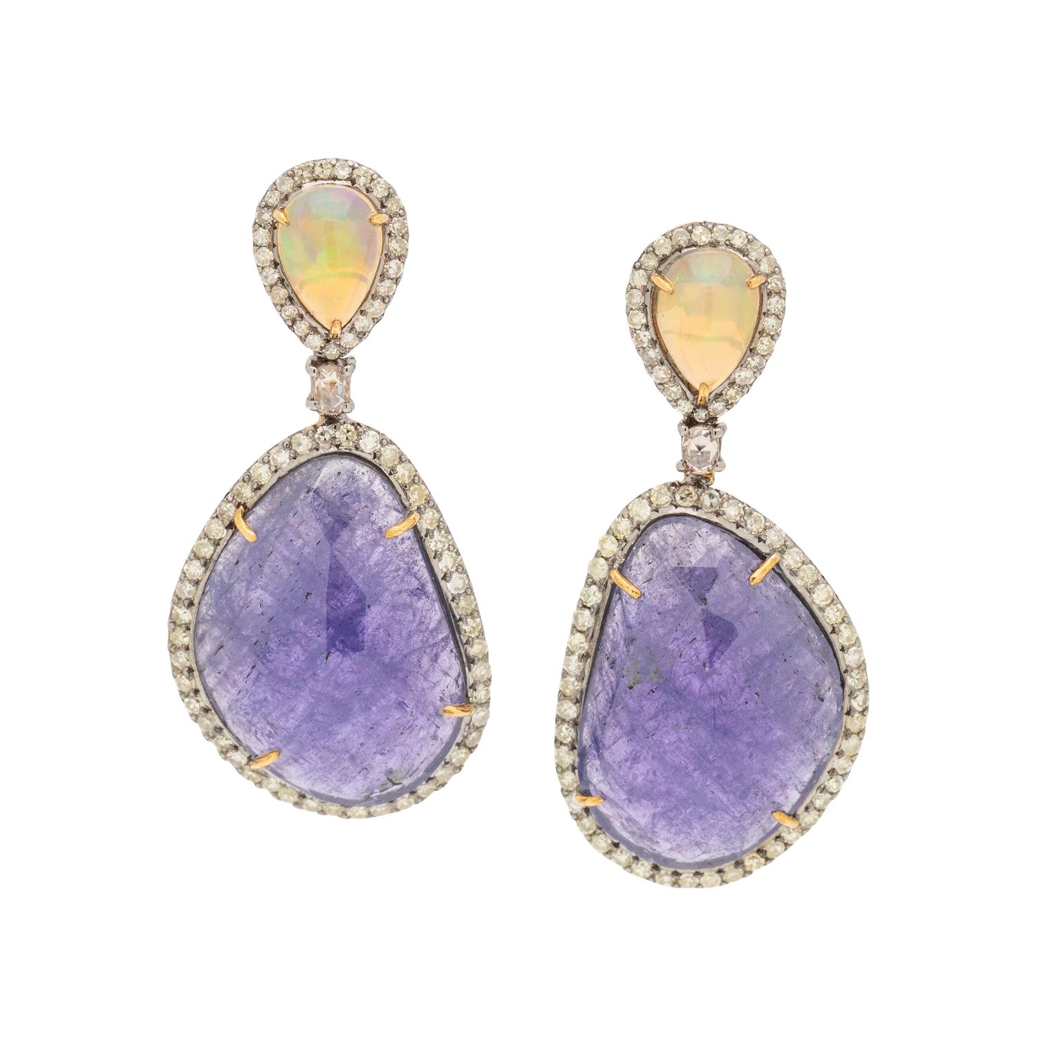 TANZANITE, OPAL AND DIAMOND EARRINGS