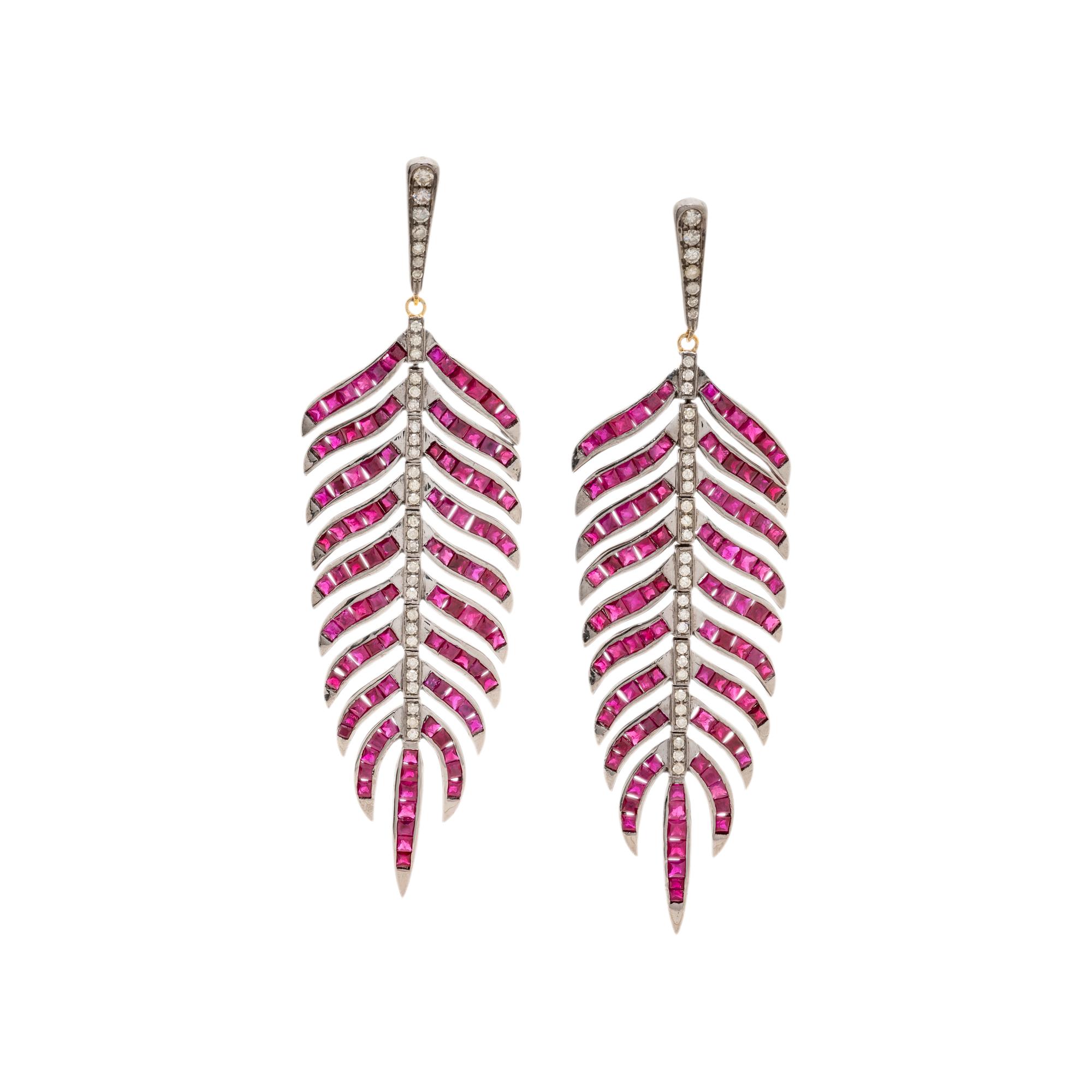 SYNTHETIC RUBY AND DIAMOND FEATHER EARRINGS